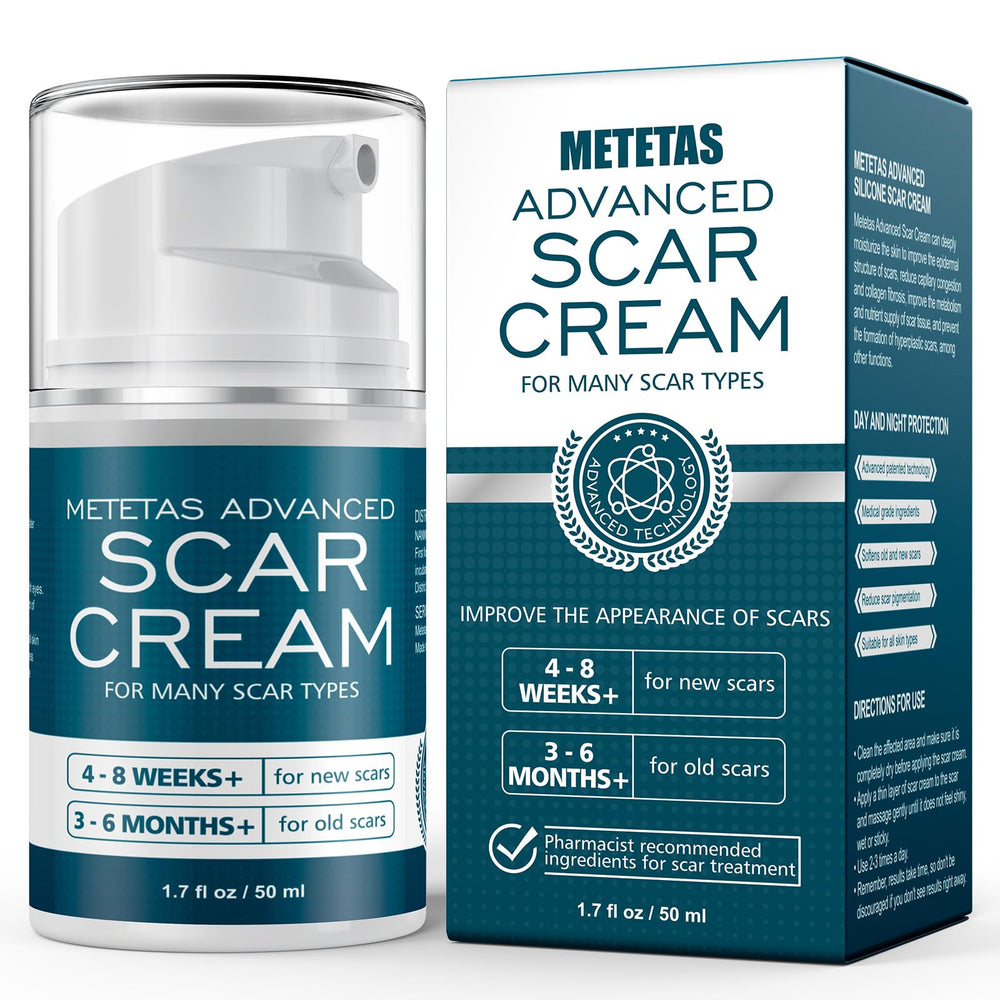 Metetas Advanced Scar Cream bottle with pump for easy daily application