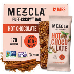 Mezcla Puff Crispy Protein Bar hot chocolate pack shows bold flavor for on the go