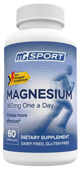 MgSport magnesium 380mg bottle highlighting high-absorption delivery for muscle support.