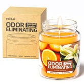 MicCai orange and vanilla odor-eliminating candle packaging highlighting eco-friendly soy wax