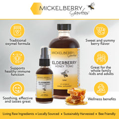 Pouring Mickelberry Gardens Elderberry Honey Tonic showing a thick amber syrup.