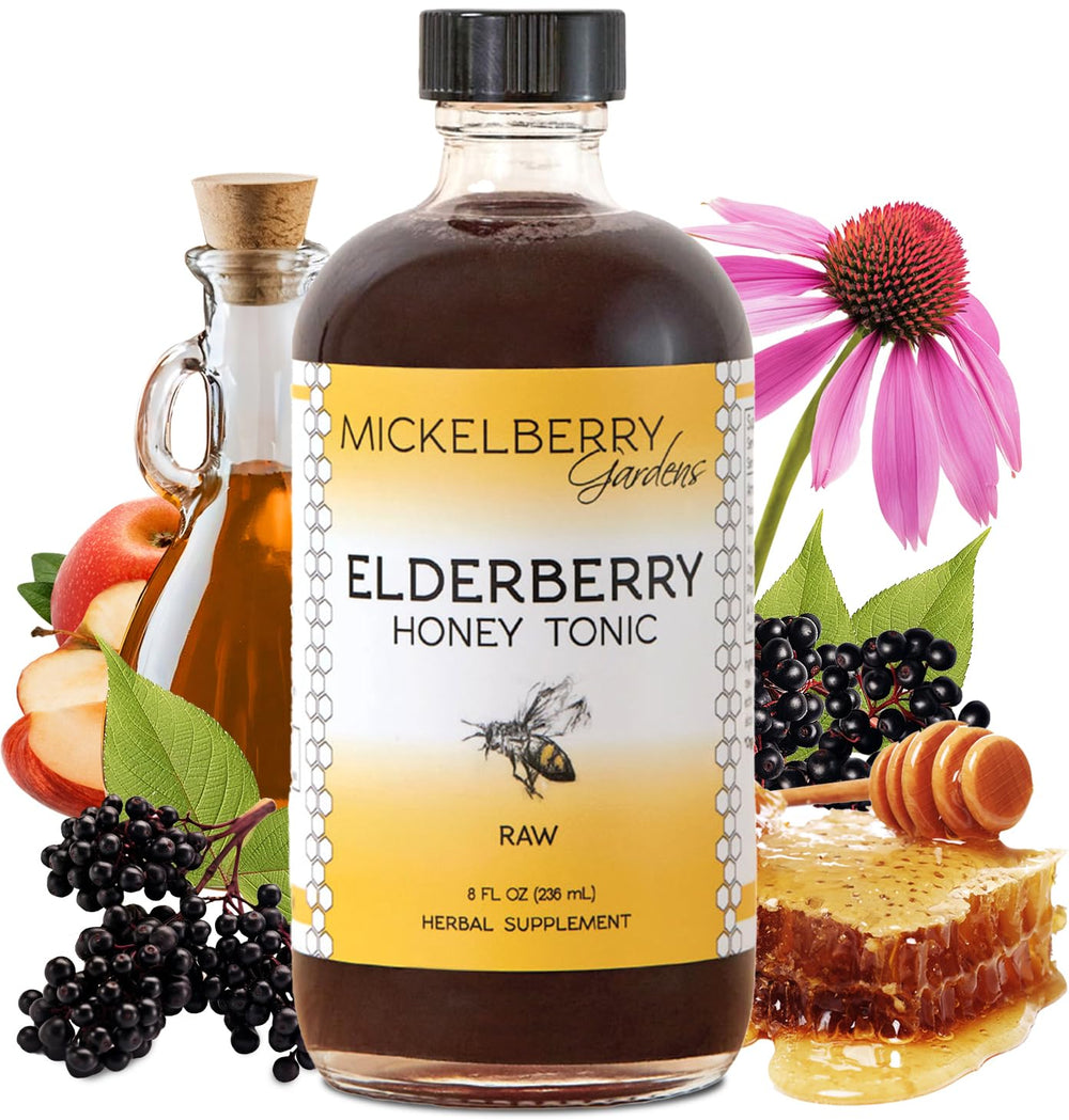 Mickelberry Gardens Elderberry Syrup bottle highlighting ingredients for daily wellness.