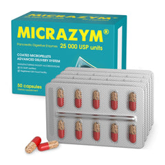 Micrazym AVVA capsules closeup highlighting fast-acting pancreatic enzymes for digestion.