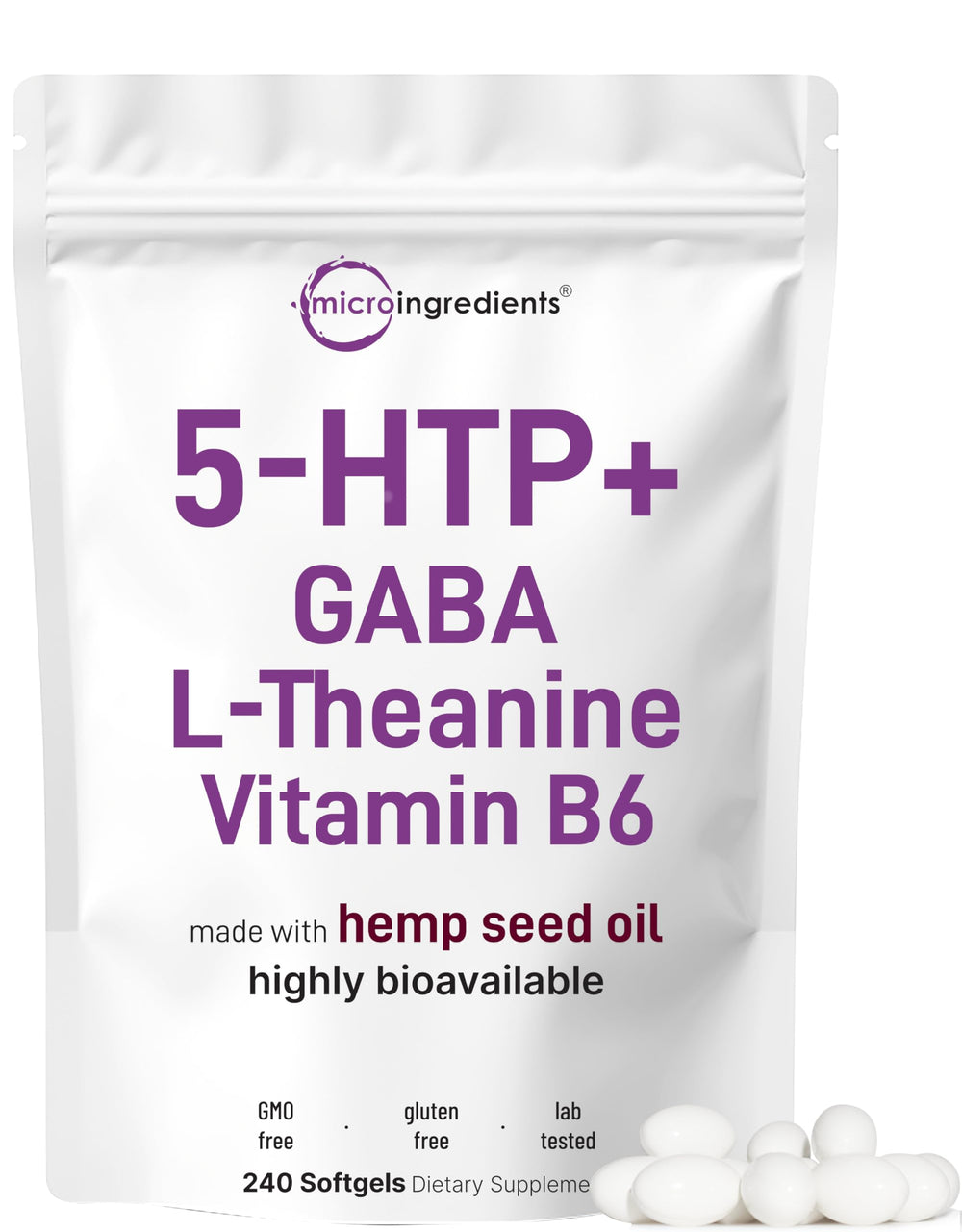 Micro Ingredients 5-HTP+ bottle front with dosage visible for easy use
