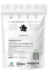 Micro Ingredients Ashwagandha bottle label highlighting non-GMO formula for daily wellness.