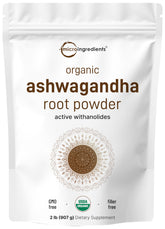 Micro Ingredients organic ashwagandha powder pouch closeup for smoothies and shakes