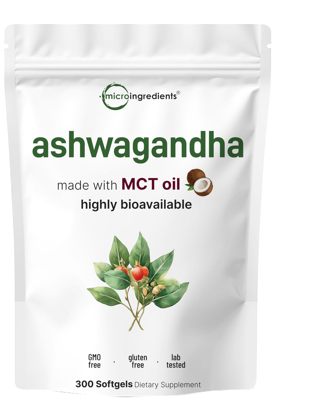 Micro Ingredients Ashwagandha softgels with coconut MCT for easier absorption.