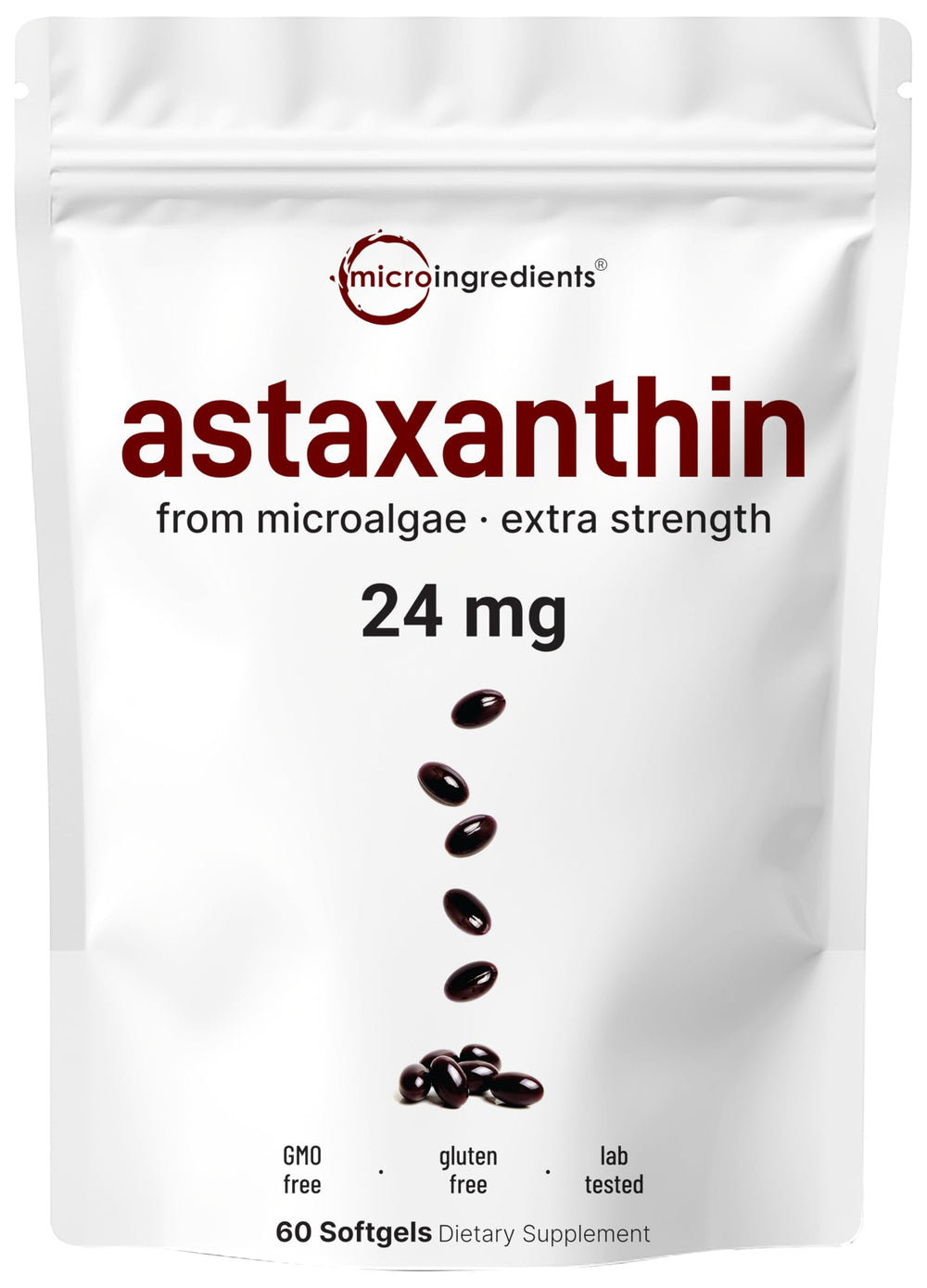 Micro Ingredients Astaxanthin softgel bottle highlighting daily potent antioxidant support