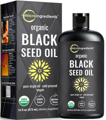 Micro Ingredients black seed oil bottle showcasing pure virgin oil for immune and skin support possibilities.