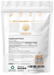 Bottle shot of Micro Ingredients D3 + K2 softgels for daily wellness routine.