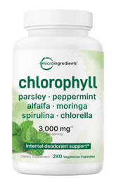 Micro Ingredients Chlorophyll Super Greens Complex bottle showing 240 veggie capsules, gluten-free
