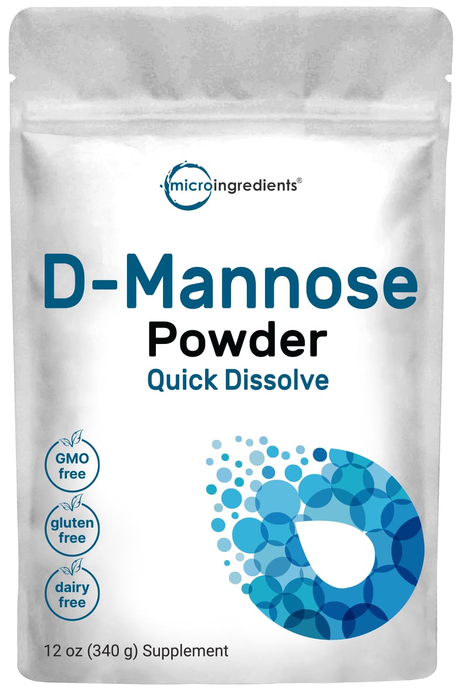 Micro Ingredients D Mannose Powder packaging shows vegan, non-GMO formula for urinary tract support