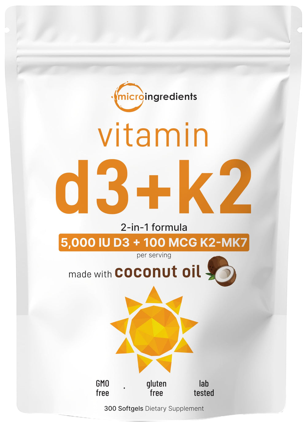 Micro Ingredients Vitamin D3 K2 bottle highlighting 5,000 IU D3 and 100 mcg MK7 for bone health.