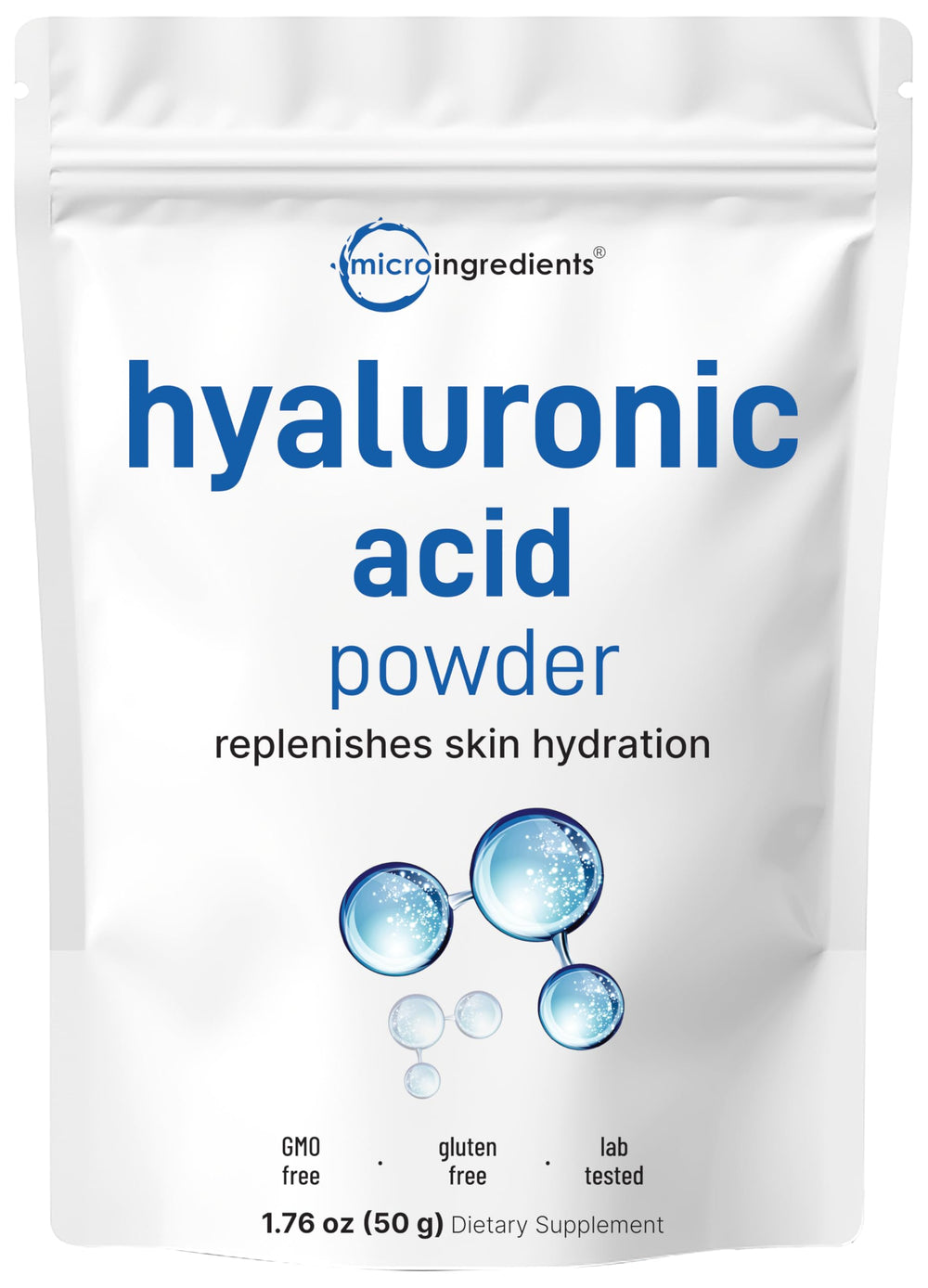 Micro Ingredients Hyaluronic Acid Serum Powder packaging shows purity and cosmetic-grade quality.