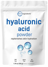 Micro Ingredients Hyaluronic Acid Serum Powder packaging shows purity and cosmetic-grade quality.