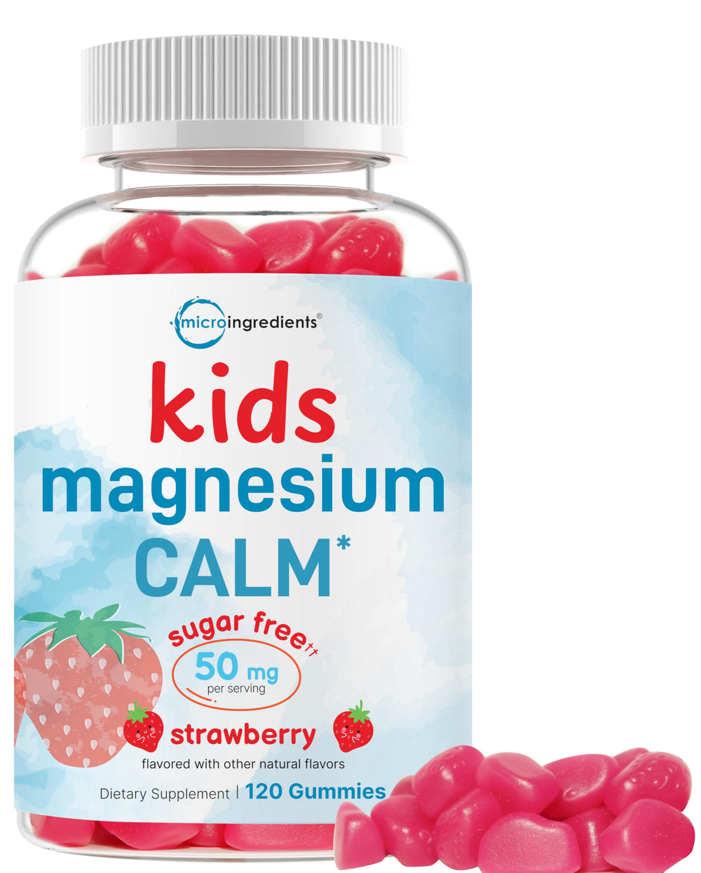 Micro Ingredients Kids Magnesium Gummies strawberry bottle; gentle daily wellness support.
