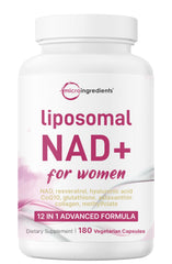 Micro Ingredients Liposomal NAD+ for Women Complex bottle shows a 12-in-1 wellness formula.