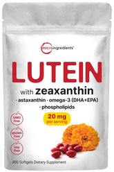 Micro Ingredients lutein-zeaxanthin softgels bottle pouring for eye comfort.