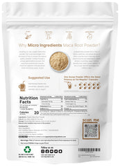 Micro Ingredients Maca Root Powder jar with label emphasizes Peru origin and vegan-friendly product.