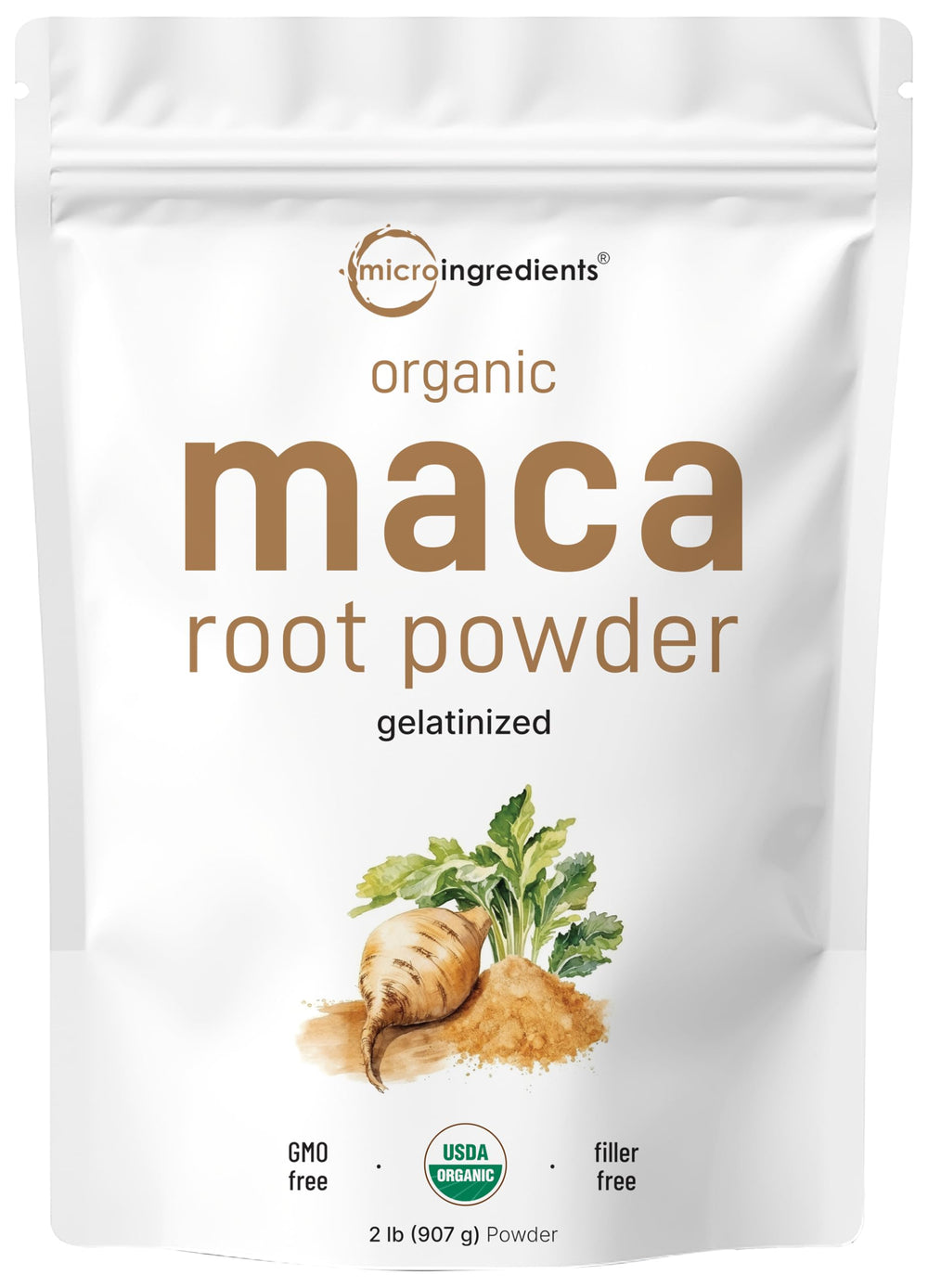 Micro Ingredients Maca Root Powder packaging highlights organic gelatinized formula for easy daily use.