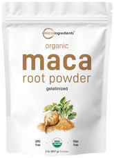 Micro Ingredients Maca Root Powder packaging highlights organic gelatinized formula for easy daily use.
