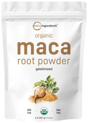 Micro Ingredients Maca Root Powder packaging highlights organic gelatinized formula for easy daily use.