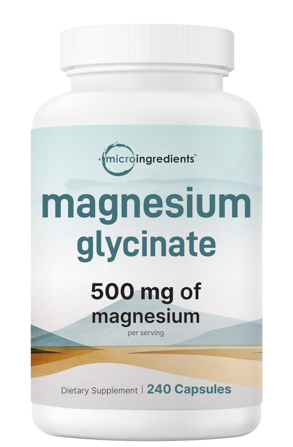 Micro Ingredients magnesium glycinate bottle highlights 500mg per serving for high absorption.