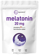 Micro Ingredients Melatonin 20mg tablets front label, vegan and non-GMO sleep support.