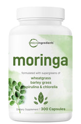 Micro Ingredients Moringa Oleifera bottle label with 300 capsules for daily energy.