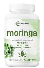Micro Ingredients Moringa Oleifera bottle label with 300 capsules for daily energy.