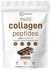 Micro Ingredients Multi Collagen Peptides powder jar close-up highlighting rich chocolate flavor and packaging