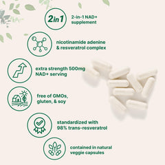 Micro Ingredients NAD+ bottle and label, showing non-GMO and gluten-free attributes.