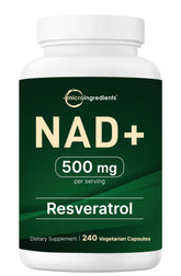 Micro Ingredients NAD+ 500mg with Resveratrol bottle close-up, convenient daily capsules for energy metabolism.