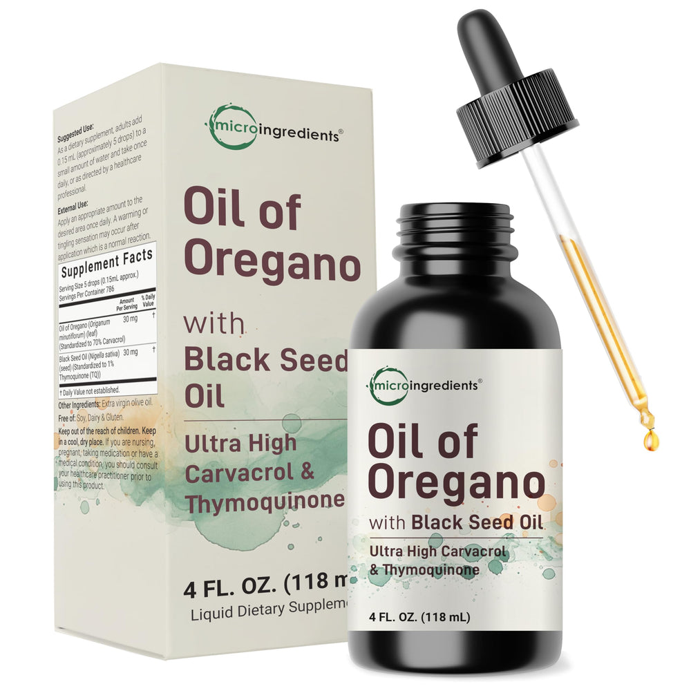 Micro Ingredients Oil of Oregano with Black Seed Oil bottle pouring for daily use