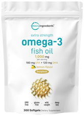 Micro Ingredients omega-3 softgel bottle with lemon flavor for heart and brain support.