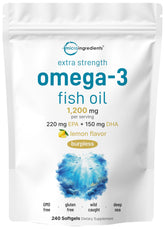 Micro Ingredients extra-strength omega-3 bottle with lemon flavor for burpless ingestion.