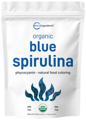 Micro Ingredients Organic Blue Spirulina Powder in a tub adds vibrant color to smoothies.