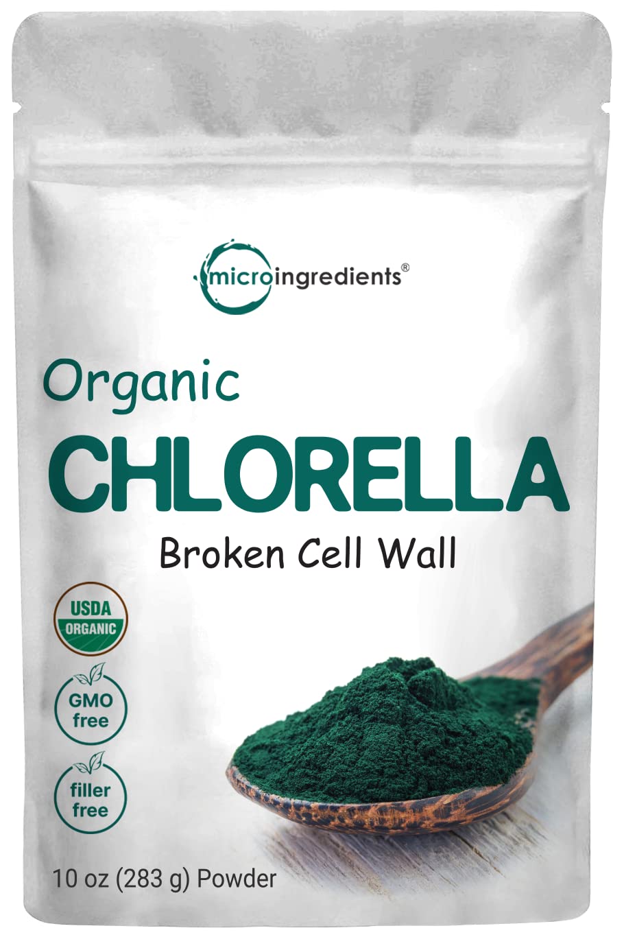 Micro Ingredients organic chlorella powder bottle emphasizing nutrient rich vegan superfood