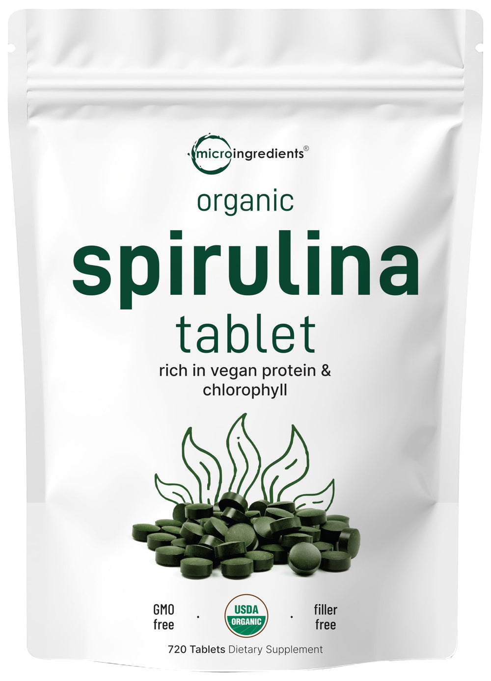 Micro Ingredients Organic Spirulina tablets bottle with 720-count packaging for vegan protein