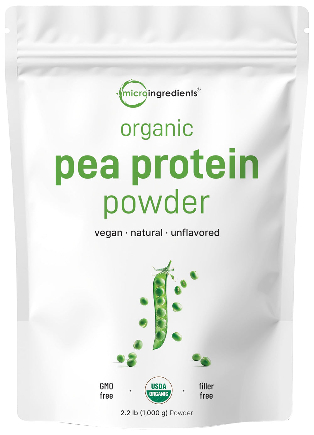 Micro Ingredients pea protein powder pack front highlighting organic plant-based nutrition for daily shakes.