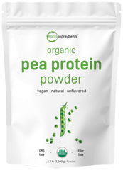 Micro Ingredients pea protein powder pack front highlighting organic plant-based nutrition for daily shakes.