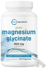 Micro Ingredients magnesium glycinate bottle shows 400 mg per serving for daily mineral support.