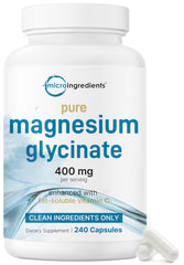 Micro Ingredients magnesium glycinate bottle shows 400 mg per serving for daily mineral support.
