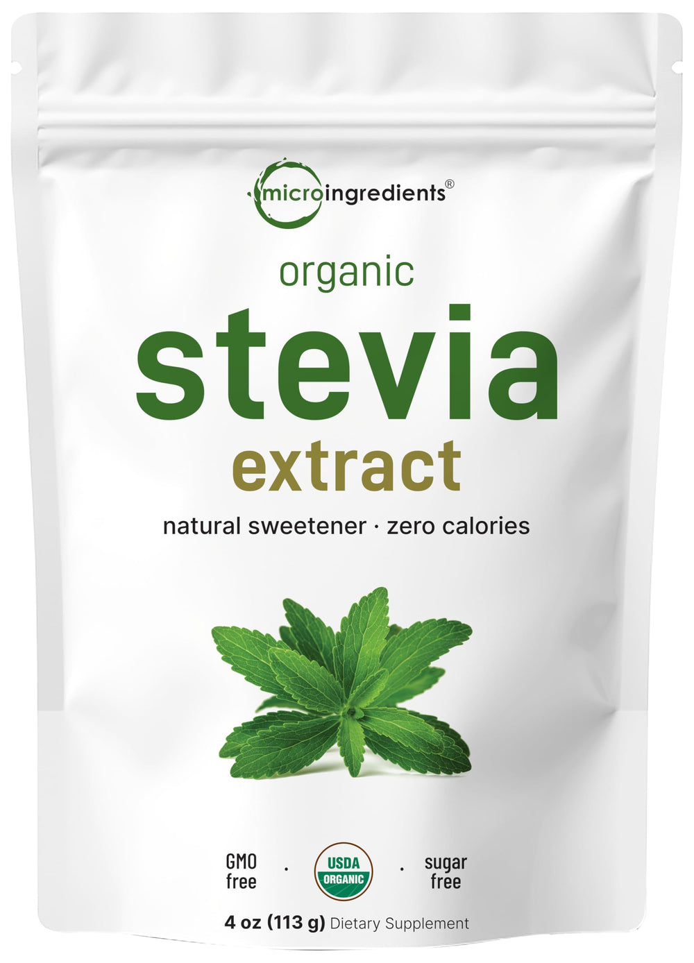 Micro Ingredients Pure Organic Stevia Powder bottle, zero calories for everyday sweetening.