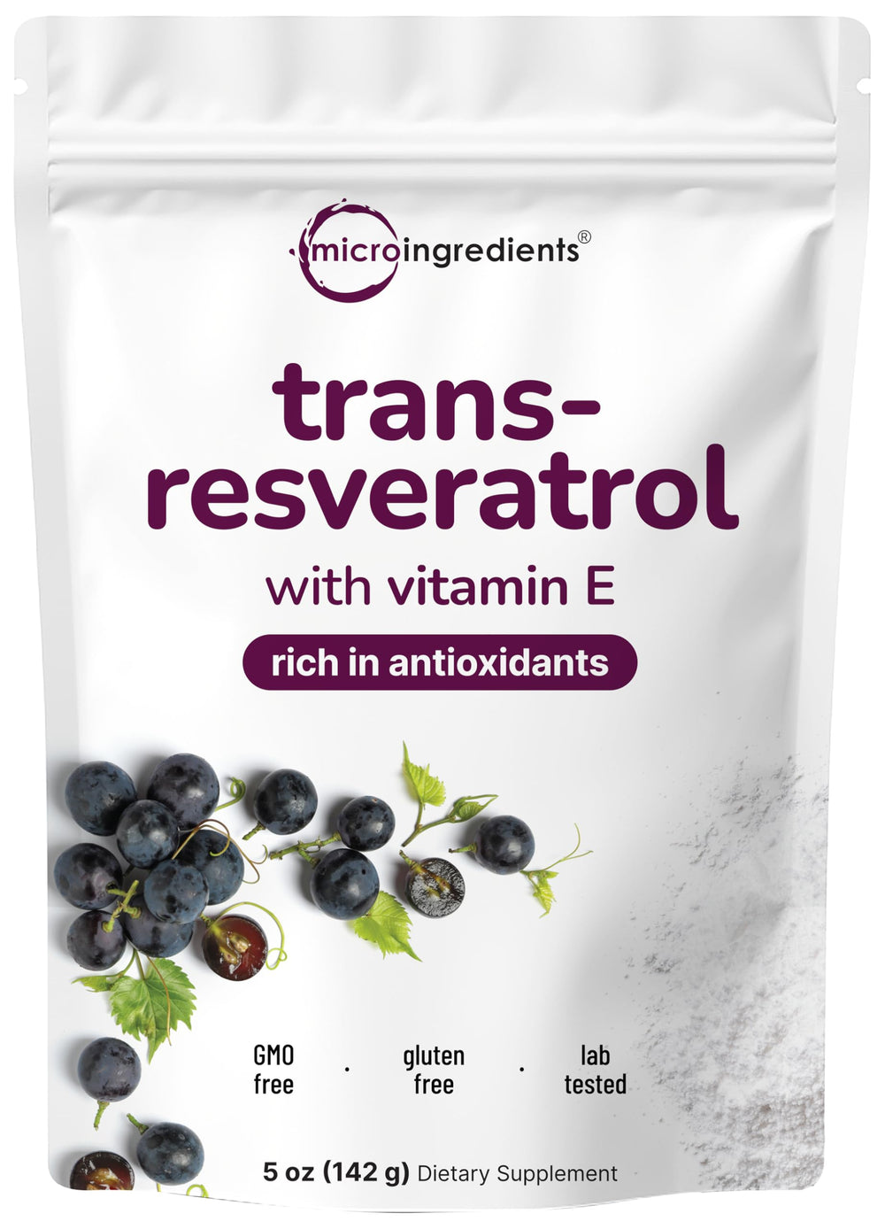 Micro Ingredients Pure Trans-Resveratrol powder in bottle for easy daily antioxidant support.