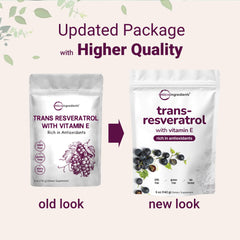 Micro Ingredients pure trans-resveratrol powder jar label, highlighting premium formula for antioxidant support.