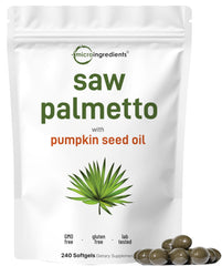 Micro Ingredients Saw Palmetto and Pumpkin Seed Oil softgels bottle-front for daily wellness support.