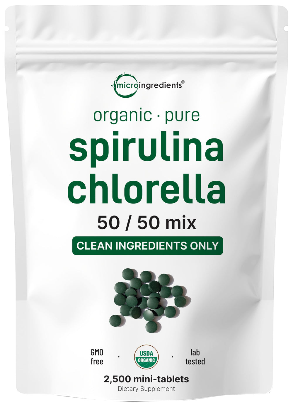 Micro Ingredients Spirulina Chlorella mini-tablets bottle closeup highlighting vegan protein and chlorophyll benefits.