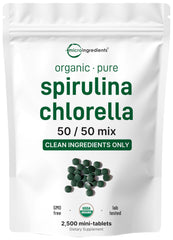 Micro Ingredients Spirulina Chlorella mini-tablets bottle closeup highlighting vegan protein and chlorophyll benefits.