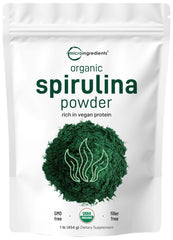 Micro Ingredients spirulina powder bottle 1lb for convenient vegan protein boosts.